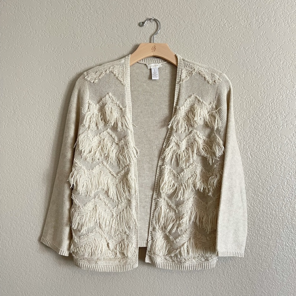 Chico's Open-Front Yarn Fringe Knit Cardigan
